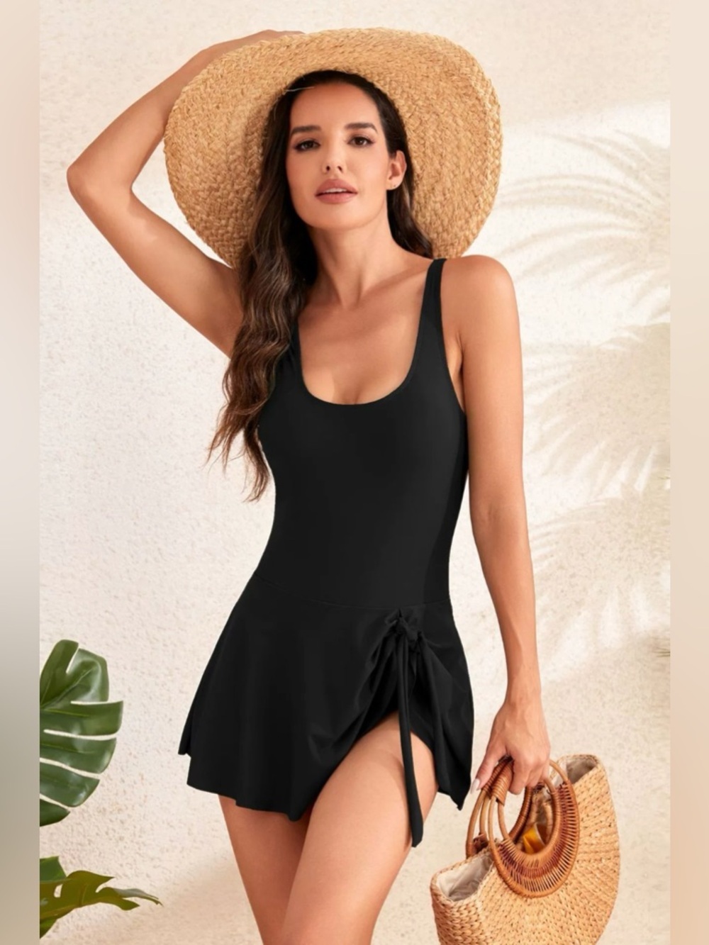 Drawstring Scoop Neck Wide Strap One-Piece Swimwear